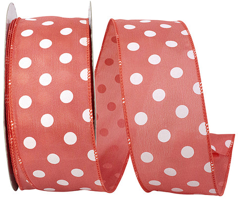 Coral Satin w/ White Polka Dots Wired Ribbon - 2.5" x 10yds