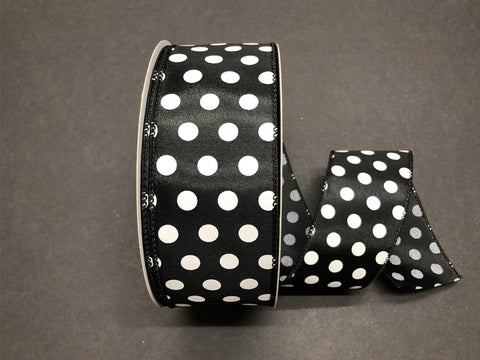 Black & White Satin Polka Dot Wired Ribbon - 2.5" x 50yds