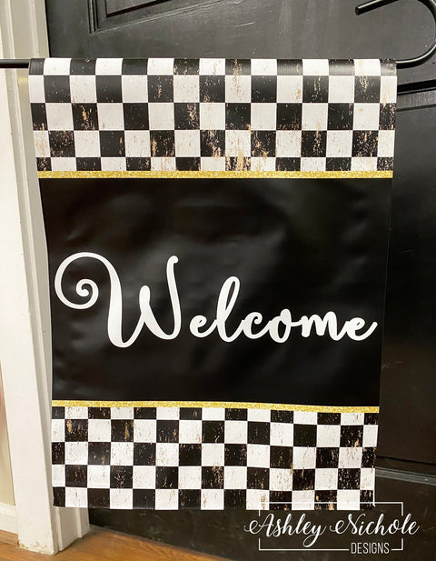 Black & White Checkered with Gold "Welcome" - Vinyl Garden Flag