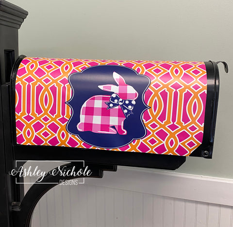 Buffalo Check Bunny - Pink/Navy/Orange - Magnetic Vinyl Mailbox Cover