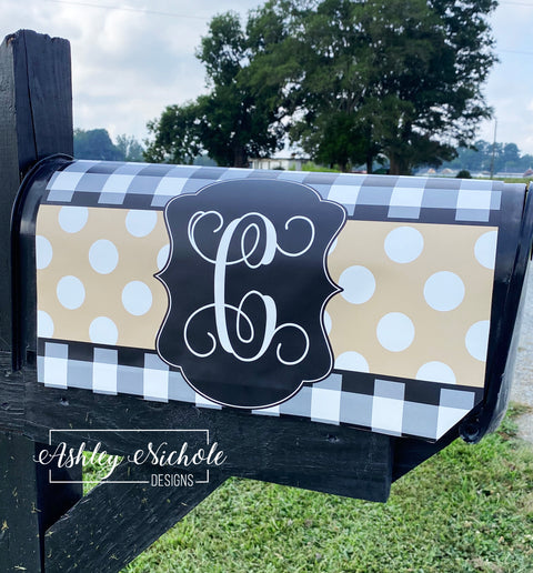 Buffalo Check Initial (Black/Tan) - Magnetic Vinyl Mailbox Cover
