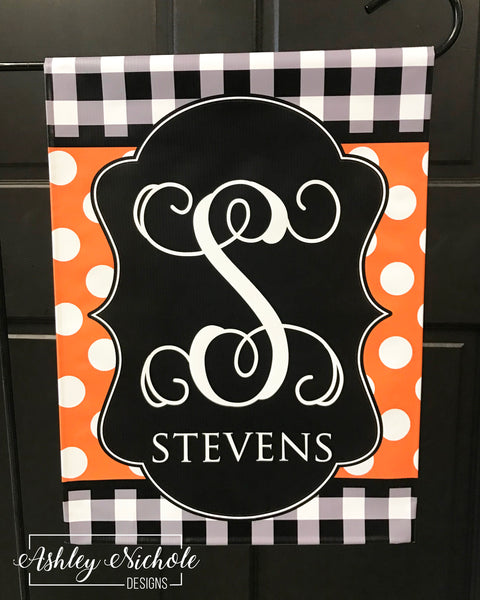 Buffalo Check and Polka Dot (ORANGE) Initial and/or Last Name - Vinyl Garden Flag