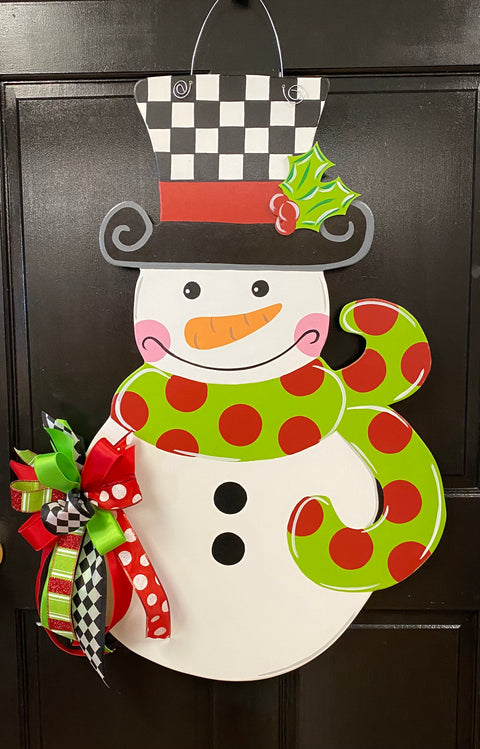 Snowman - Checkered BOY Version - CHRISTMAS - Door Hanger (Hand Painted)