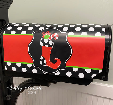 Christmas Stocking - Black and White Polka Dot - Magnetic Vinyl Mailbox Cover