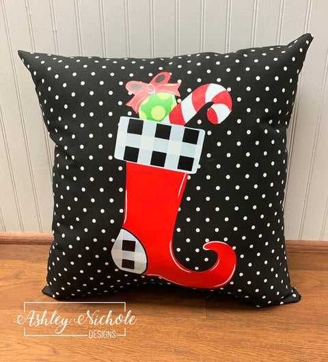 Custom - Buffalo Check Christmas Stocking Pillow on Black & White Mini Dot Outdoor Fabric