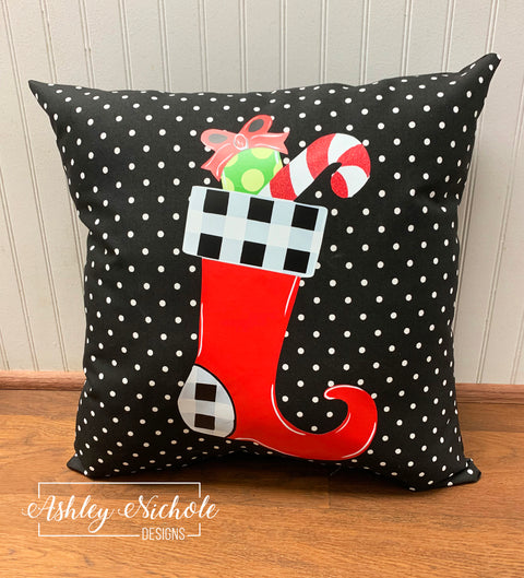 Custom Pillow - Buffalo Check Christmas Stocking on Black & White Mini Dot Outdoor Fabric