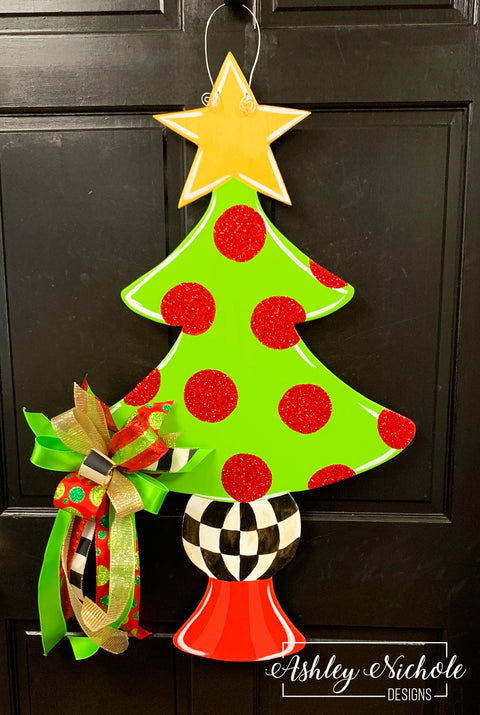 Christmas Tree - Gold Star and Checkered - Door Hanger - (Hand Painted)