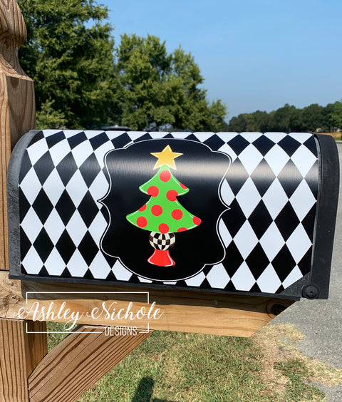 Christmas Tree - Gold Star and Checkered - Magnetic Vinyl Mailbox Cover