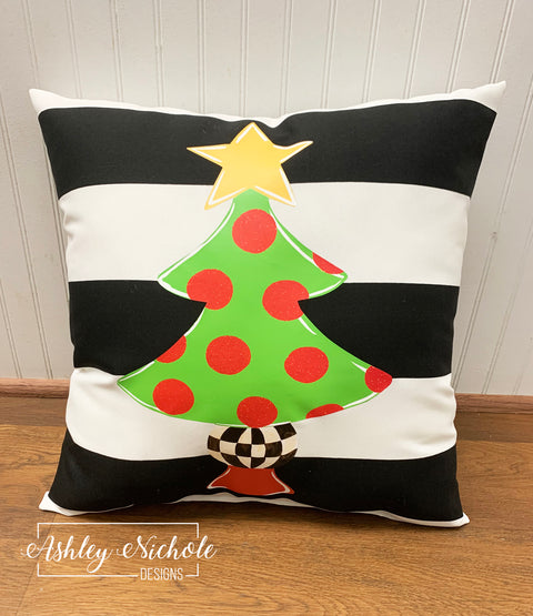 Custom Pillow - Christmas Tree - Gold Star and Checkered on Black & White Stripe Outdoor Fabric