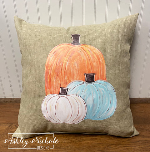 Custom Pillow - Cool Tones Pumpkins (Blue/Orange/Cream) on Beechwood Tan Outdoor Fabric