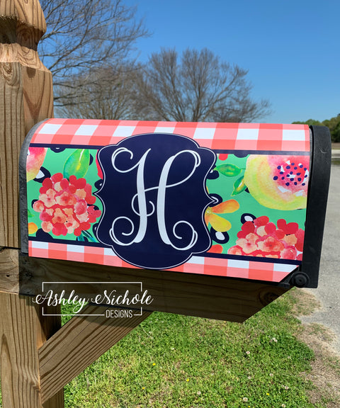 Coral Floral Navy Initial - Magnetic Vinyl Mailbox Cover