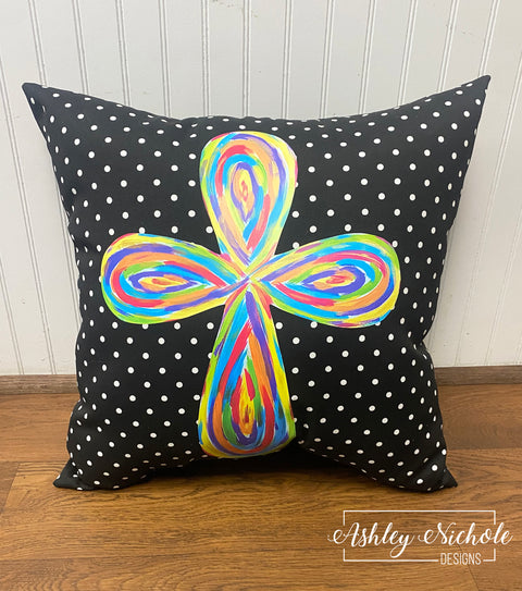 Custom Pillow - Abstract Cross - Colorful on Black & White Mini Dot Outdoor Fabric