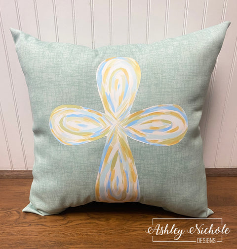 Custom Pillow - Abstract Cross Pillow - Neutrals on Blue Stone Outdoor Fabric