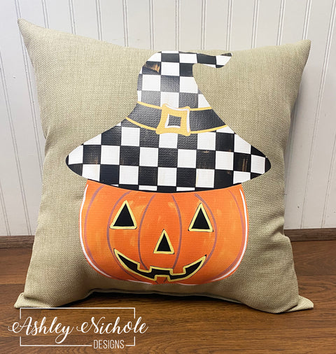 Custom Pillow - Checkered Witch Jack-O-Lantern on Beechwood Tan Outdoor Fabric