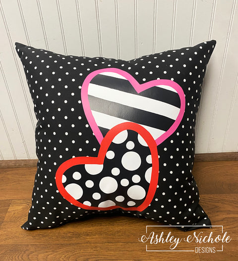 Custom Pillow - Crazy Dots & Stripes Double Heart on Black & White Mini Dot Outdoor Fabric