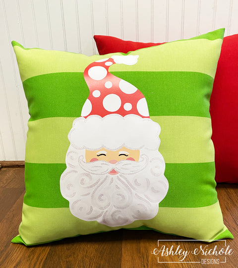 Custom Pillow - Santa - Jolly St. Nick on Green on Green Stripe Outdoor Fabric
