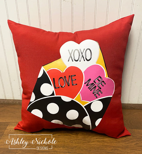 Custom Pillow - Hearts Love Letter Polka Dot on Red Outdoor Fabric