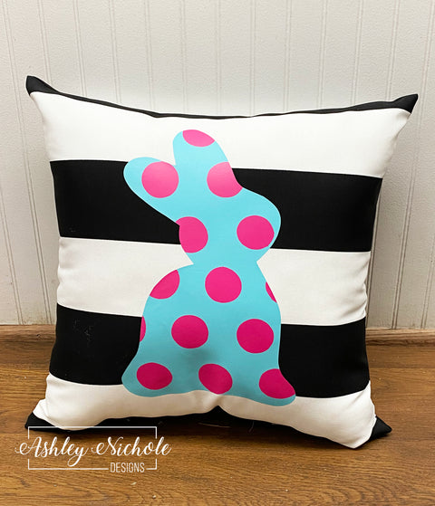 Custom Pillow - Teal & Pink Dot Bunny on Black & White Stripe Outdoor Fabric