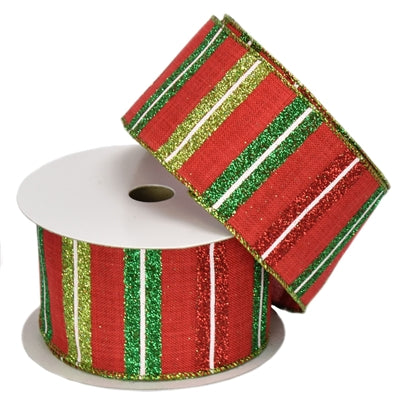 Red & Green Glittered Stripes On Red Wired Ribbon - 2.5" x 10yds