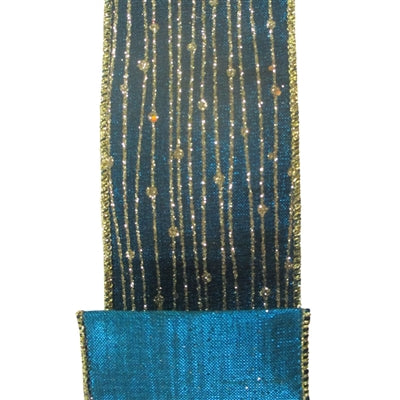 Teal w/ Gold Striped Dot Wired Ribbon - 2.5" x 10yds