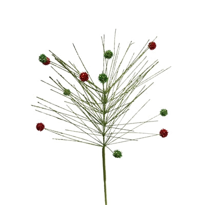 18" Wild Glitter Pine Stem With Balls - Green & Red