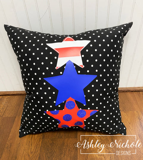 Custom Pillow - Glitter Star Stack Patriotic Pillow on Black & White Mini Dot Outdoor Fabric