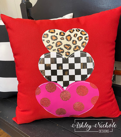 Custom Pillow - Heart Stack Elegant Valentine on Red Outdoor Fabric