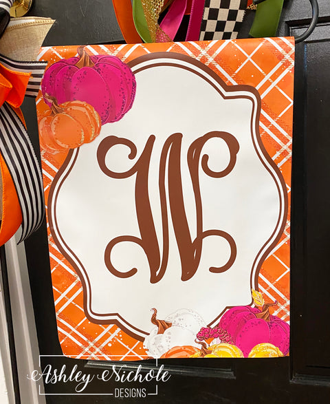 Hot Pink & Orange Initial Pumpkin - Vinyl Garden Flag