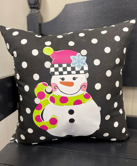 Custom - Checkered Snowman Pillow - GIRL Version on Black & White Dot Outdoor Fabric