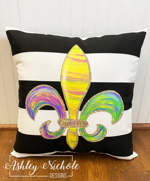 Custom Pillow - Fleur de Lis on Black & White Stripe Outdoor Fabric