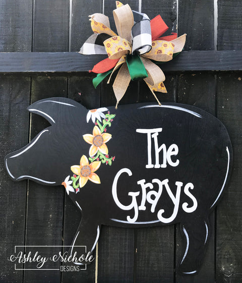 Pig - Floral - Door Hanger
