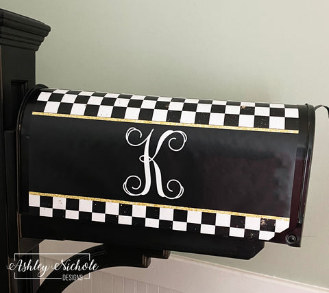 Black & White Checkered with Gold -Vine Font INITIAL - Magnetic Vinyl Mailbox Cover