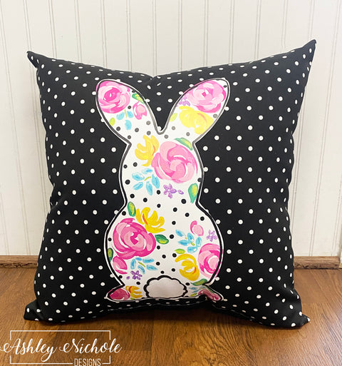 Custom Pillow - Artful Bunny on Black & White Mini Dot Outdoor Fabric
