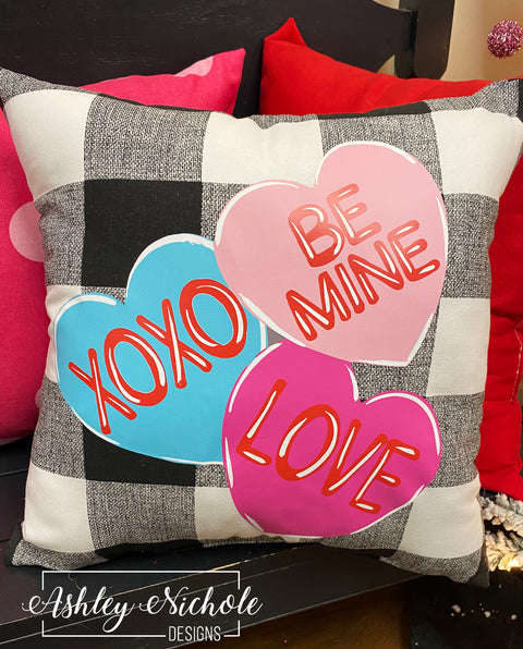 Custom Pillow - Conversation Heart on Black & White Buffalo Check Outdoor Fabric