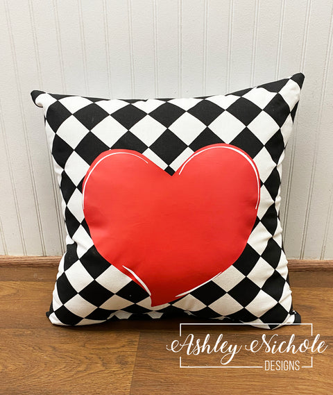 Custom Pillow - Red Heart on Black & White Diamond Outdoor Fabric