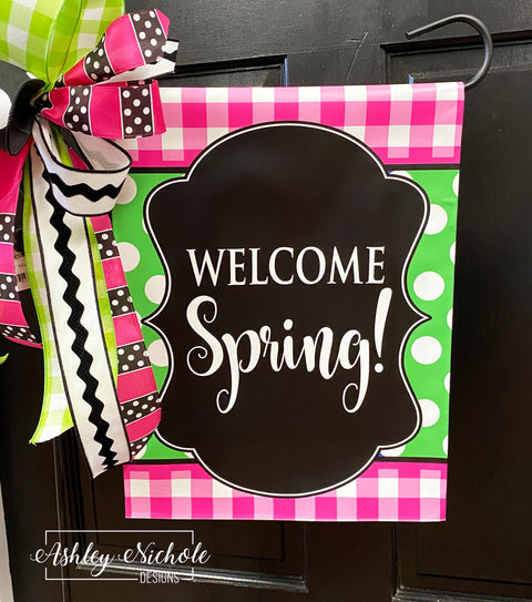 Buffalo Check Pink and Green - Welcome Spring - Vinyl Garden Flag