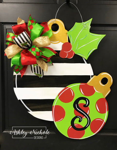 Double Ornament - Black Stripe, Red & Green - Door Hanger - (Hand Painted)