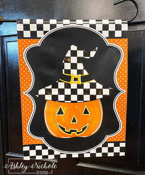 Checkered Witch Jack-O-Lantern - Vinyl Garden Flag