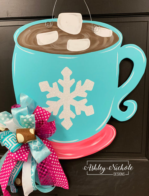 Hot Chocolate Mug Door Hanger - Turquoise/Pink - (Hand Painted)