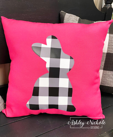 Custom Pillow - Black Buffalo Check Bunny on Candy Pink Outdoor Fabric