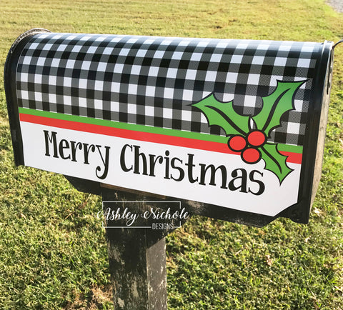 Plaid & Holly Berry - Merry Christmas - Magnetic Vinyl Mailbox Cover