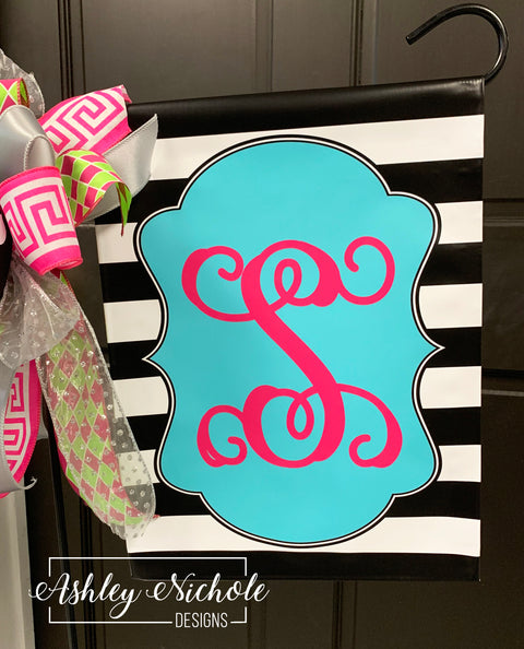 Black and White Stripe Initial - Turquoise and Pink - Vinyl Garden Flag