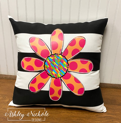 Custom Pillow - Crazy Dot Daisy on Black & White Striped Outdoor Fabric (Choose from 2 colors)
