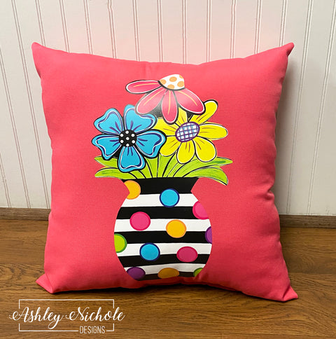 Custom - Crazy Dot Flower Pot Pillow on Candy Pink Outdoor Fabric