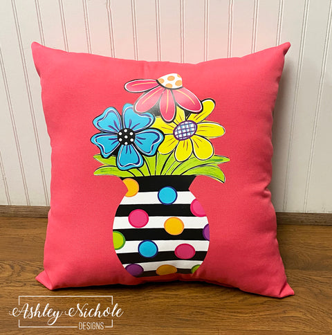 Custom Pillow - Crazy Dot Flower Pot on Candy Pink Outdoor Fabric