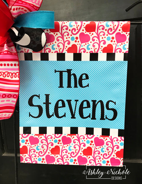 Hearts and Swirls-Last Name - Vinyl Garden Flag