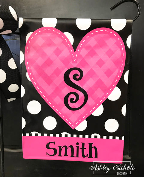Pink Plaid Heart-Initial-Last Name - Vinyl Garden Flag