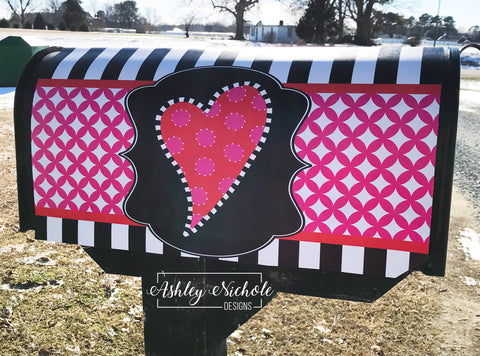 Funky Heart Valentine with Black and White Stripe - Magnetic Vinyl Mailbox Cover