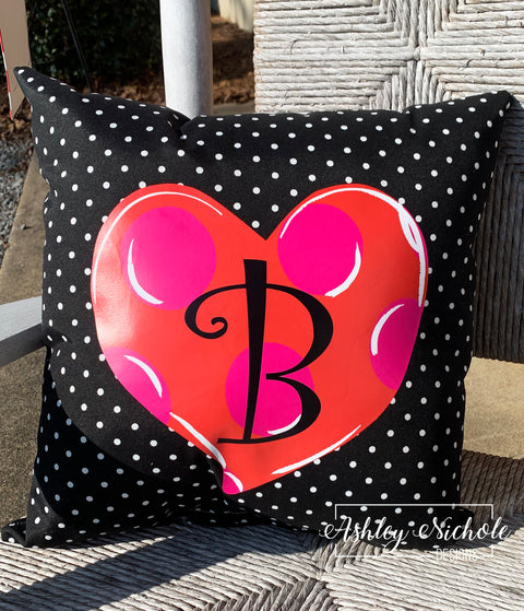 Custom Pillow - Heart - Pink and Red - Initial - on Black & White Mini Dot Outdoor Fabric