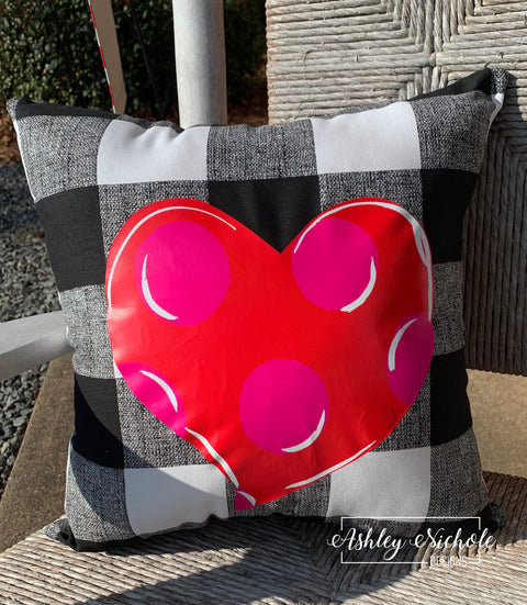 Custom Pillow - Pink and Red Heart on Black & White Buffalo Check Outdoor Fabric